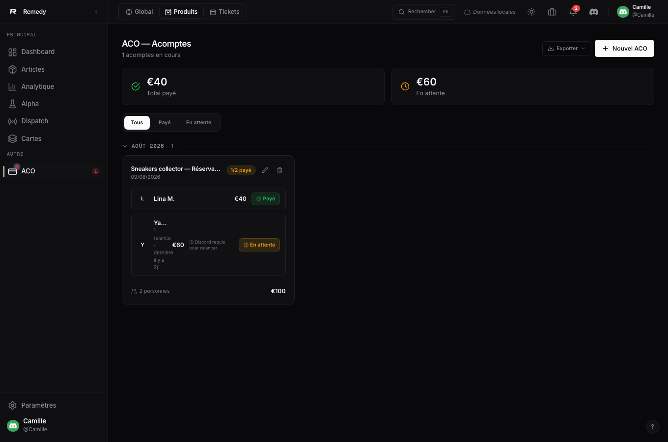 Page ACO de Remedy listant les acomptes avec montants et statuts de paiement par personne