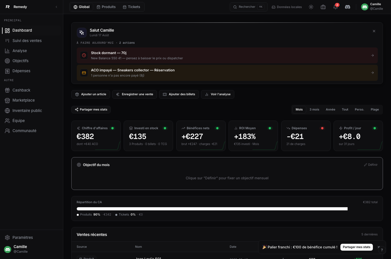 Dashboard Remedy affichant le chiffre d'affaires et le bénéfice net calculés en continu